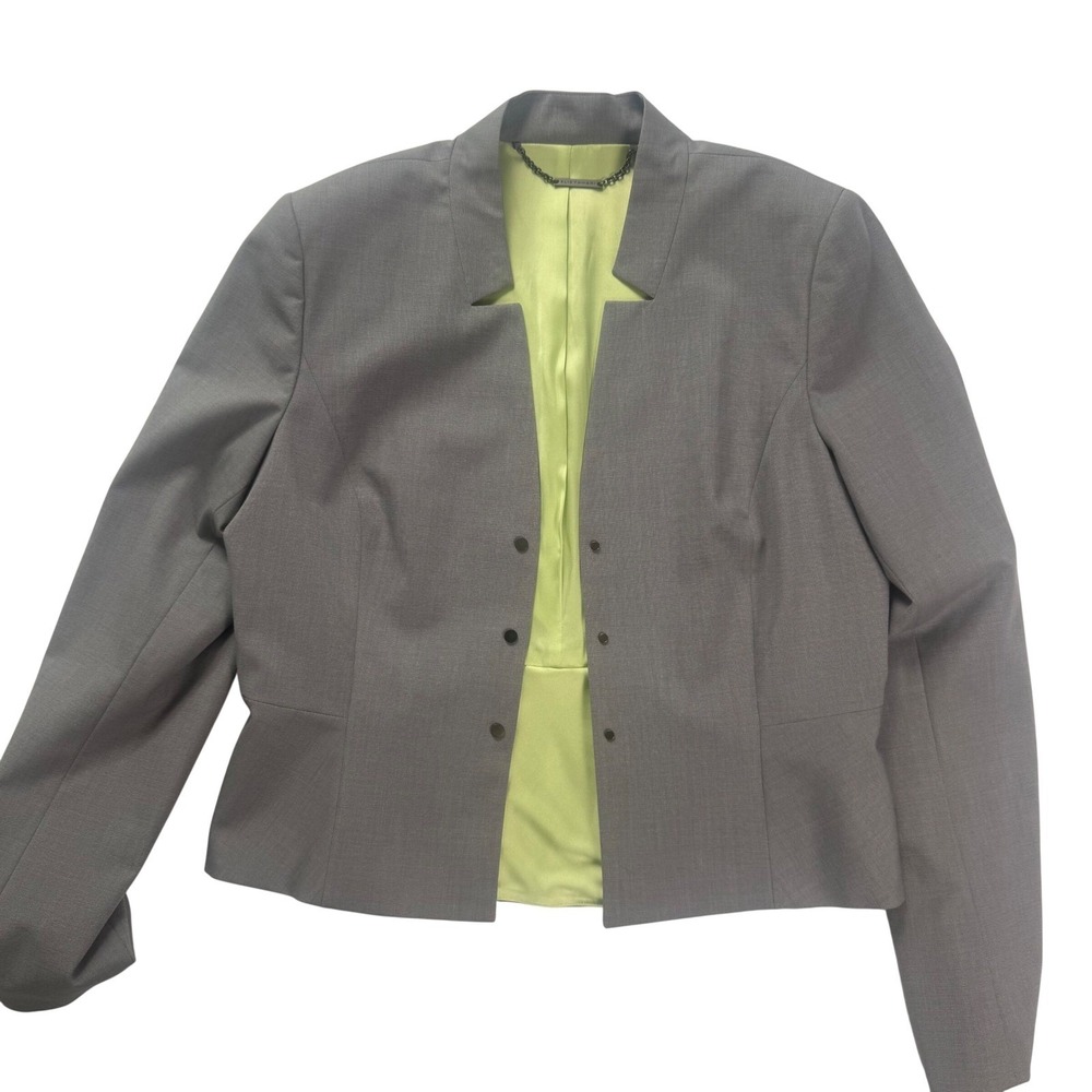 Elie Tahari Womens Gray Blazer Jacket Lime Green Lining Peplum Back‎ Size 14